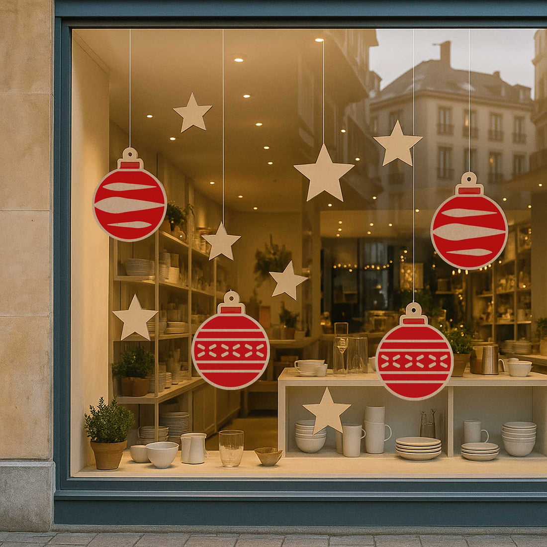 Rippotai Ornamenti natalizi Decorazioni per vetrine natalizie in cartone – Palline e Stelle (set da 9)